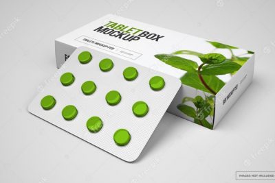 موکاپ جعبه قرص - Pill box mockup with loafs of tablets