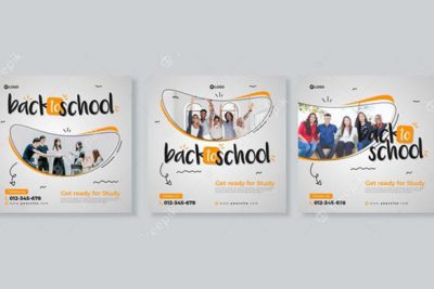 مجموعه ای از سه بنر بازگشت به مدرسه - orange grey banner of back to school social media