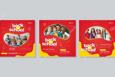 مجموعه ای از سه بنر بازگشت به مدرسه - red yellow organic banner of back to school