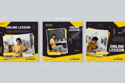 مجموعه ای از سه بنر آموزش آنلاین - yellow black square online lesson o for education social media
