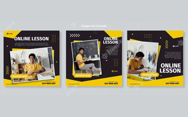 مجموعه ای از سه بنر آموزش آنلاین - yellow black square online lesson o for education social media
