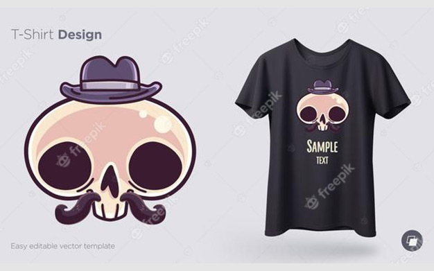 طرح جمجمه روی تيشرت - Skull gentleman in a hat with a mustache t-shirt design