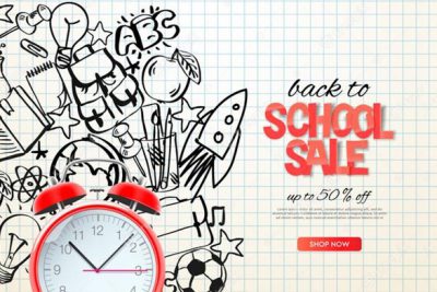 وکتور برگشت به مدرسه - Back to school sale template realistic red alarm clock
