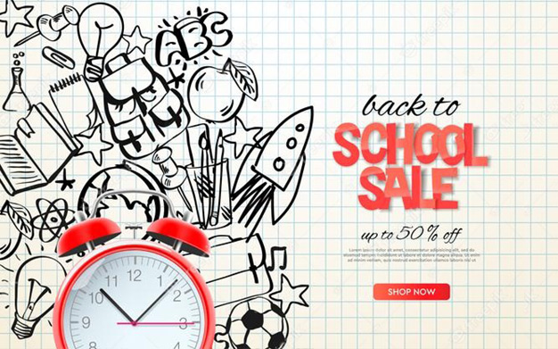 وکتور برگشت به مدرسه - Back to school sale template realistic red alarm clock