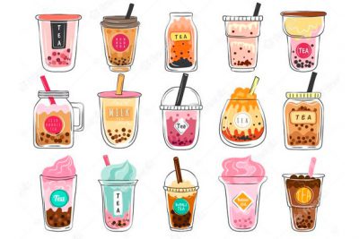 ست کارتونی چایی - Bubble tea doodles dessert asian drinks in plastic cups delicious cold mocha freshness tea