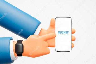 موکاپ کارتونی دست و گوشی - Cartoon hand holding phone mockup
