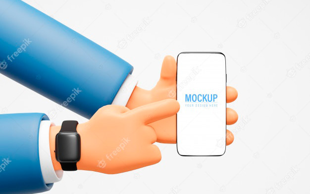 موکاپ کارتونی دست و گوشی - Cartoon hand holding phone mockup