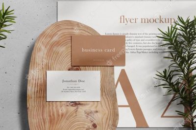 موكاپ بیزینس کارت - Clean minimal business card and a4 mockup on wooden plate with conifer