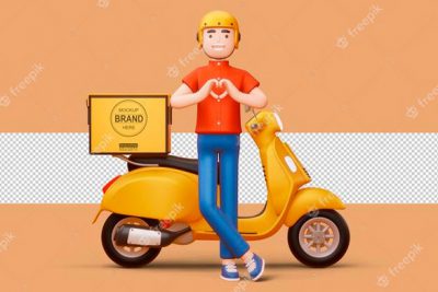 آیکون 3 بعدی پیک موتوری - Delivery man doing a heart shape with hands and a delivery motorcycle in 3d rendering