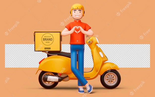 آیکون 3 بعدی پیک موتوری - Delivery man doing a heart shape with hands and a delivery motorcycle in 3d rendering
