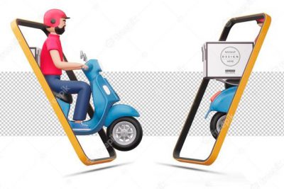 آیکون 3 بعدی پیک - Delivery man riding a motorcycle come out of phone