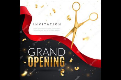 افتتاحیه بزرگ - Golden confetti and scissors cutting red silk ribbon