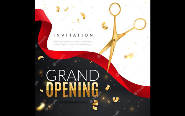 افتتاحیه بزرگ - Golden confetti and scissors cutting red silk ribbon