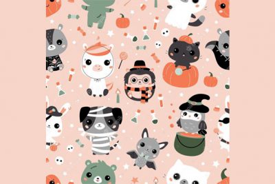 وکتور کارتونی هالووین - Halloween pattern with cute kawaii animals