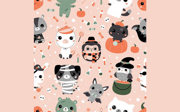 وکتور کارتونی هالووین - Halloween pattern with cute kawaii animals