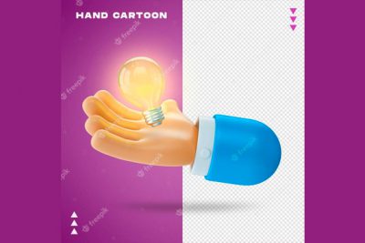آیکون 3 بعدی دست و لامپ - Hand cartoon in 3d rendering isolated