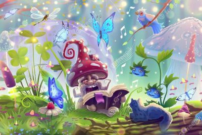 وکتور قارچ در جنگل جادویی با حیوانات فانتزی - Mushroom in magic forest with fantasy animals
