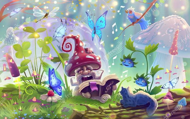 وکتور قارچ در جنگل جادویی با حیوانات فانتزی - Mushroom in magic forest with fantasy animals