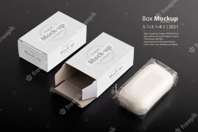 موكاپ جعبه صابون - Opened soap package box on black surface