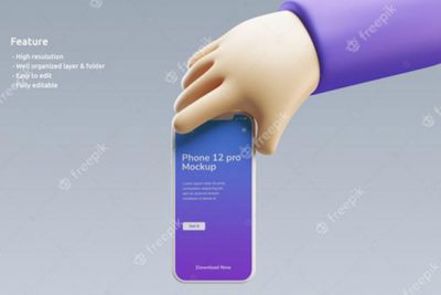 موکاپ 3 بعدی گوشی و دست - Smartphone mockup with a cute 3d hand holding it