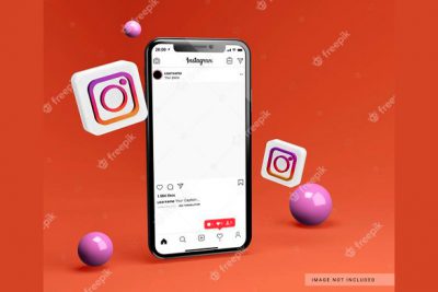 موکاپ گوشی هوشمند و آیکون اینستاگرام - Smartphone mockup with 3d instagram icon