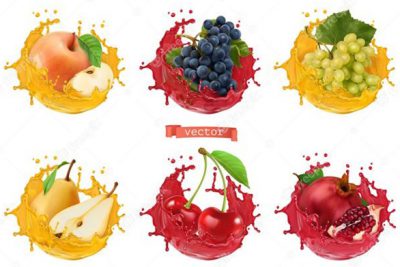 ست آیکون میوه ها - Fresh fruits and splashes 3d icon set