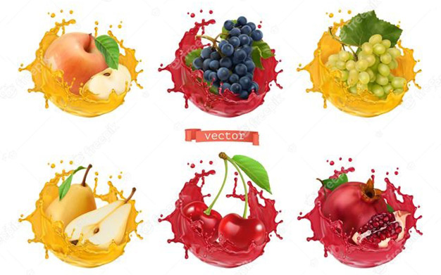 ست آیکون میوه ها - Fresh fruits and splashes 3d icon set