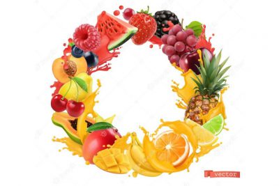 آیکون حلقه میوه - Fruit and berries circle frame. splash of juice