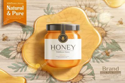 موکاپ شیشه عسل - Sweet honey ad template golden jar mockup
