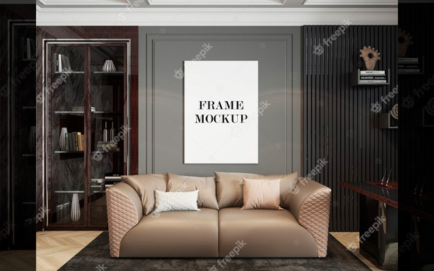 موکاپ قاب روی دیوار - Wall frame mockup in luxury living room
